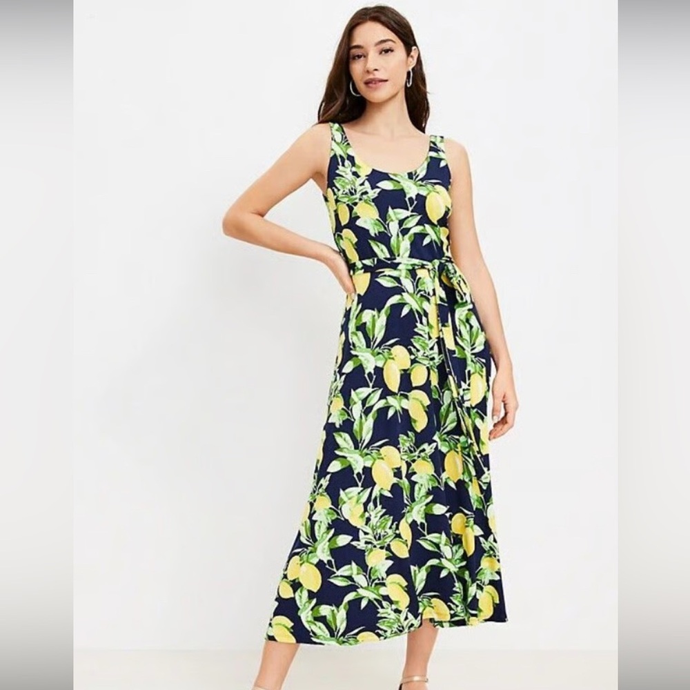 EUC Ann Taylor LOFT Lemon Tie Waist Midi Dress- Size L